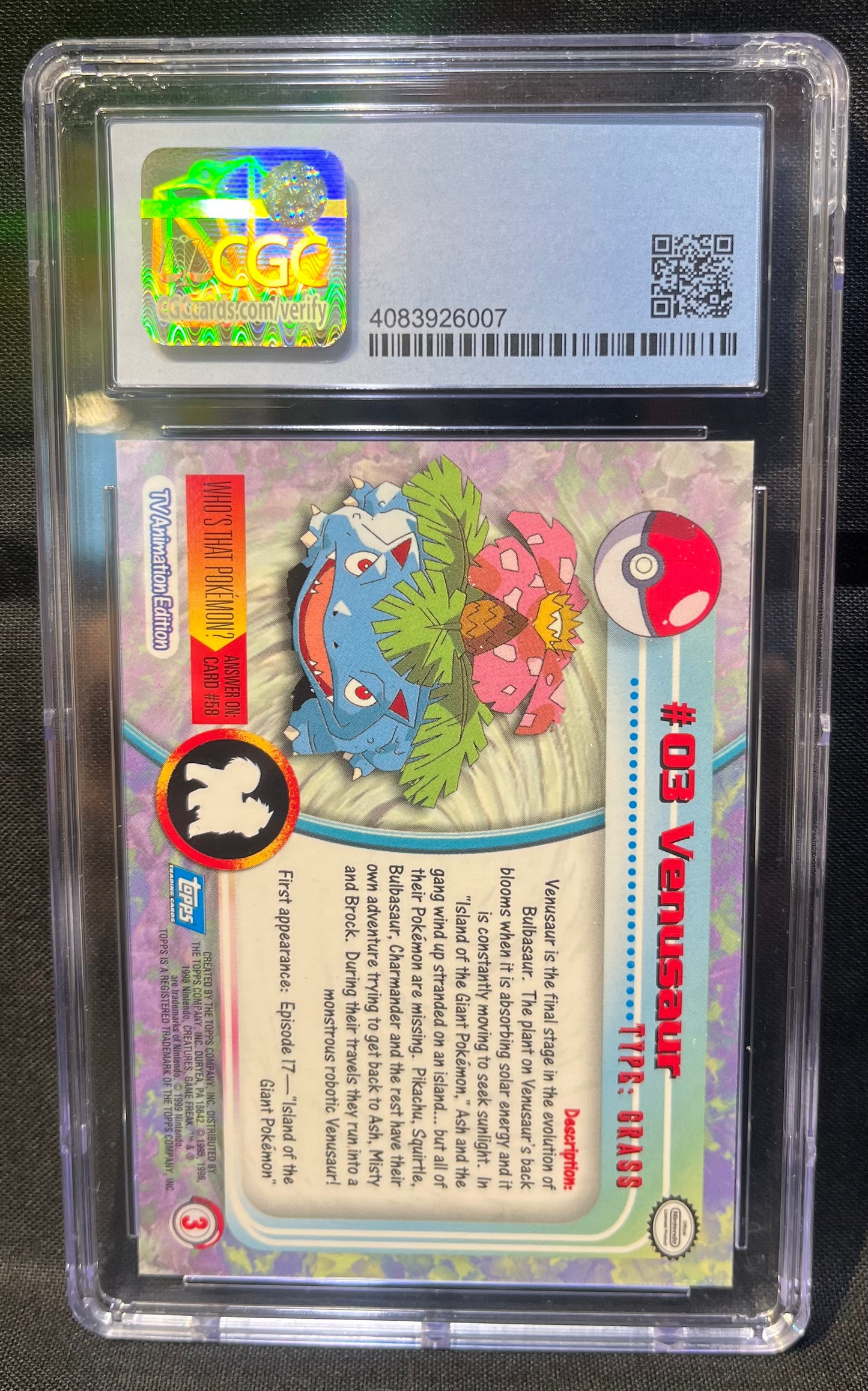 Venusaur Pokemon Topps 1999 CGC Gem Mint 9.5