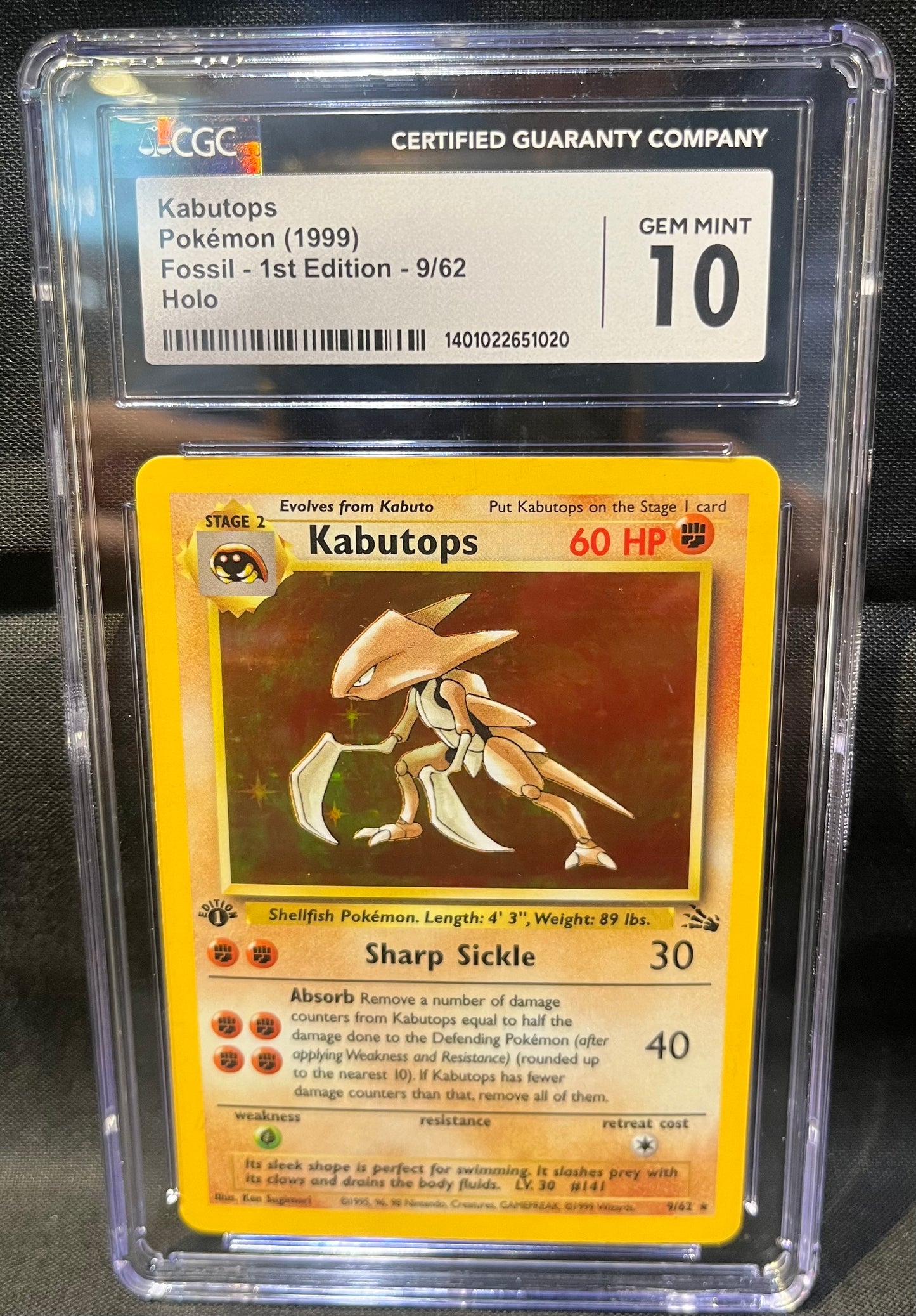 Kabutops 1999 FOssil 1st Edition 9/62 Holo CGC Gem Mint 10